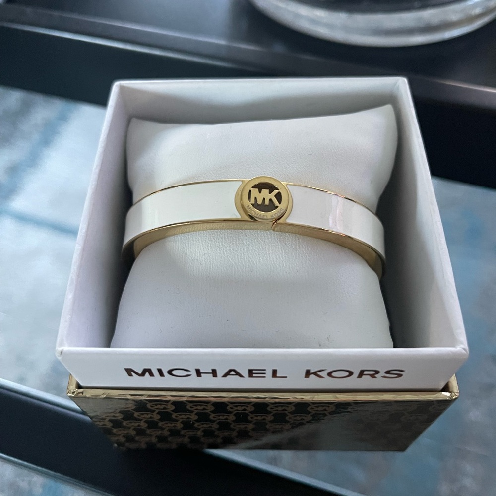 Michael Kors White and Gold Hinged Bangle